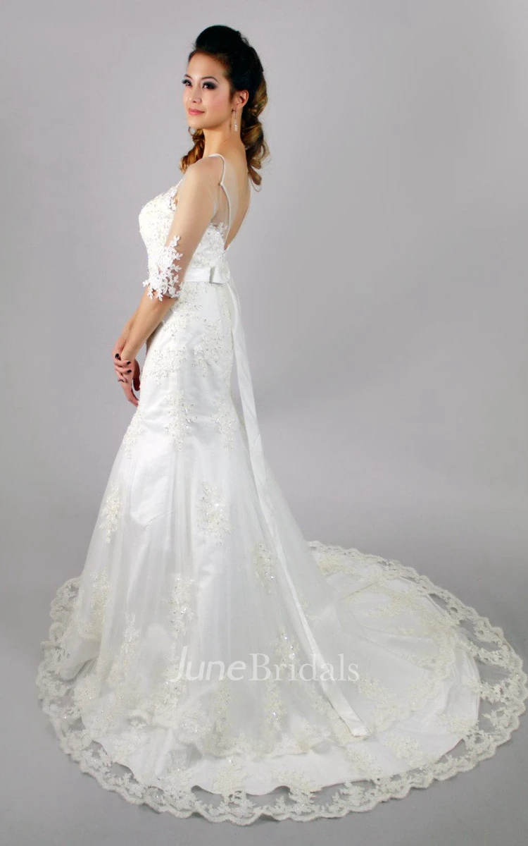Sheer Top Half Sleeve Mermaid Wedding Dress With Beading and Appliques