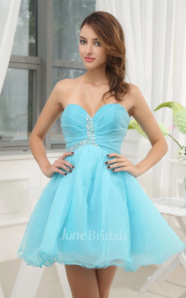 Mini-Length Sweetheart A-Line Ruched Dress with Crystal Detailing Zipper Back