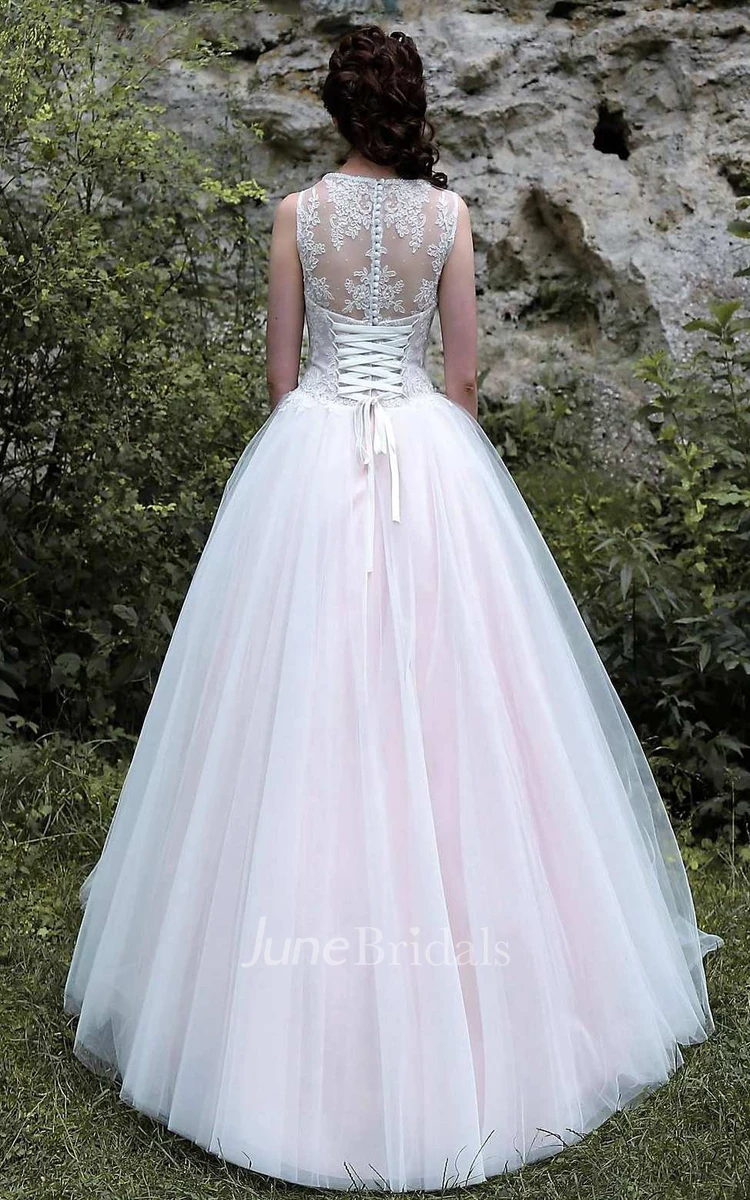 Off-The-Shoulder Illusion Sleeve Tulle Lace Button Lace-Up Corset Back Wedding Dress