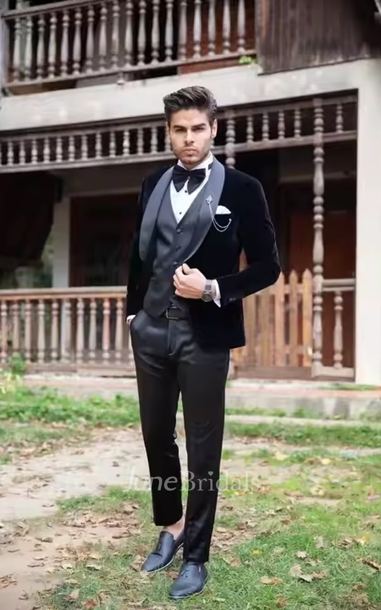 Classic Black 3-Piece Velvet Wedding Tuxedo for Men Formal Winter Slim Fit Suits Blazer Jacket Vest Pants for Groom