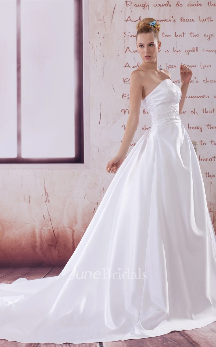 Strapless Ruched A-Line Ball Gown with Pleats and Jeweled Waist