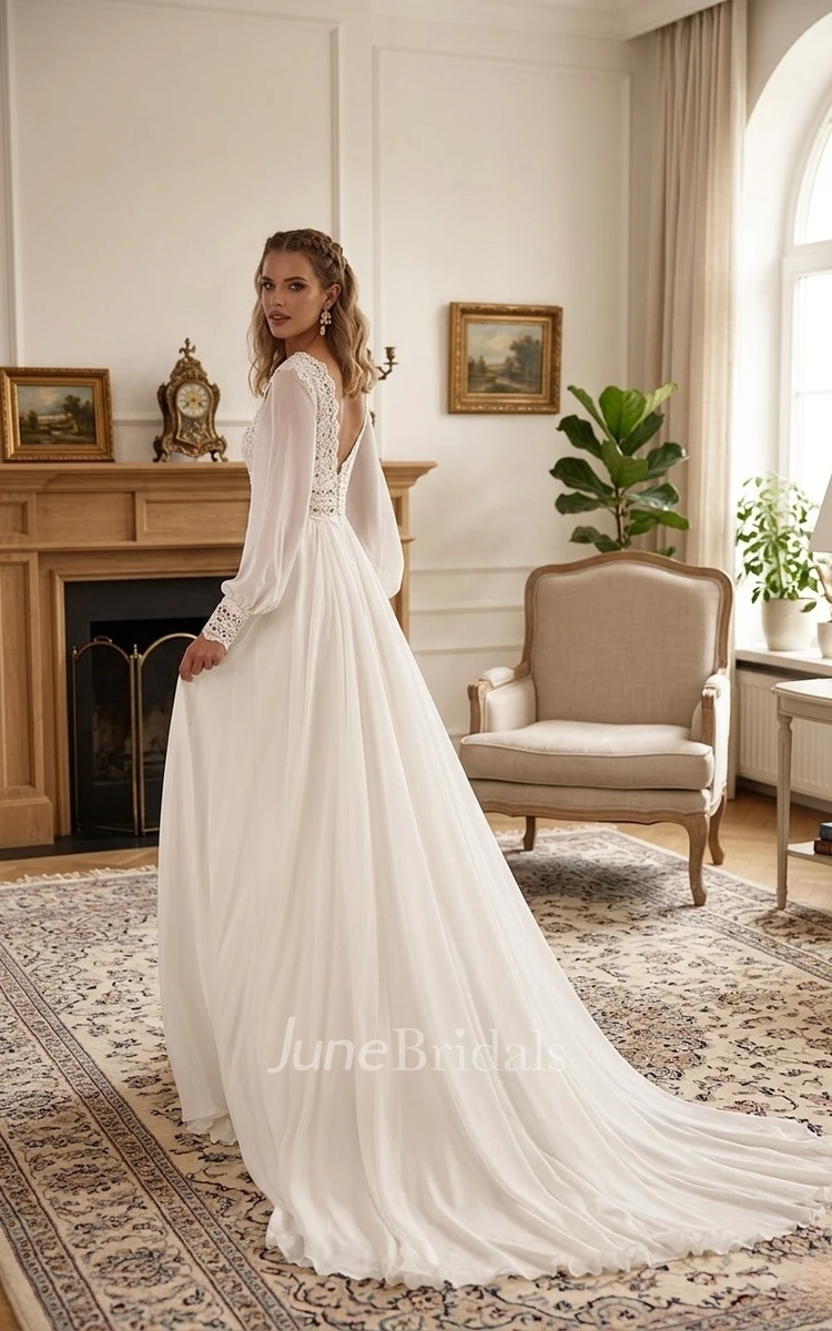 Long Sleeve Vintage A-Line Wedding Dress Lace V-Neck Chiffon Bridal Gown