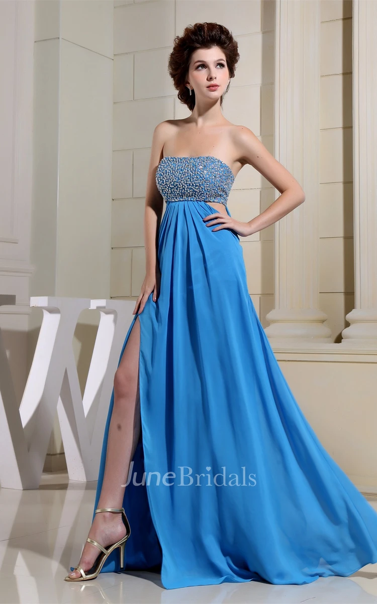 Strapless Front-Split Pleated Dress with Bowknot and Gemmed Top