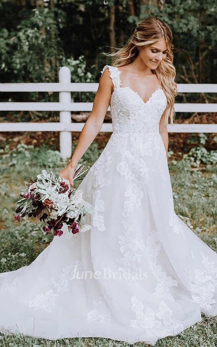 A Line Straps Lace Tulle Floor-length Sweep Train Sleeveless Wedding Dress with Appliques