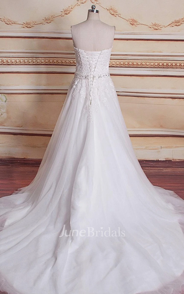 Sweetheart Chapel Train Tulle Lace Satin Dress With Beading Corset Back