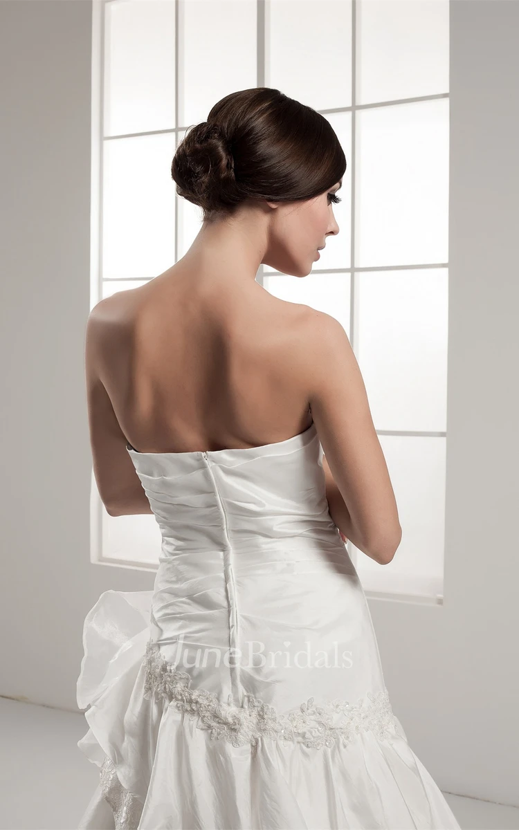 Strapless Ruched A-Line Dress with Lace and Cascading Ruffles