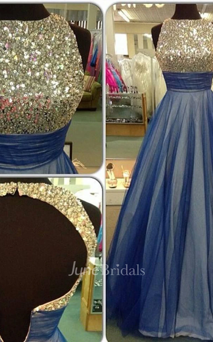 Beautiful Sequins Sleeveless Evening Dress A-Line Tulle Prom Gowns