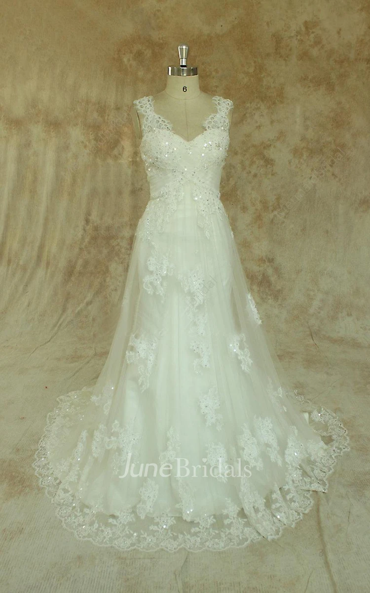 Ivory A Line Formal Vintage Lace Wedding With Scallop Neckline Dress