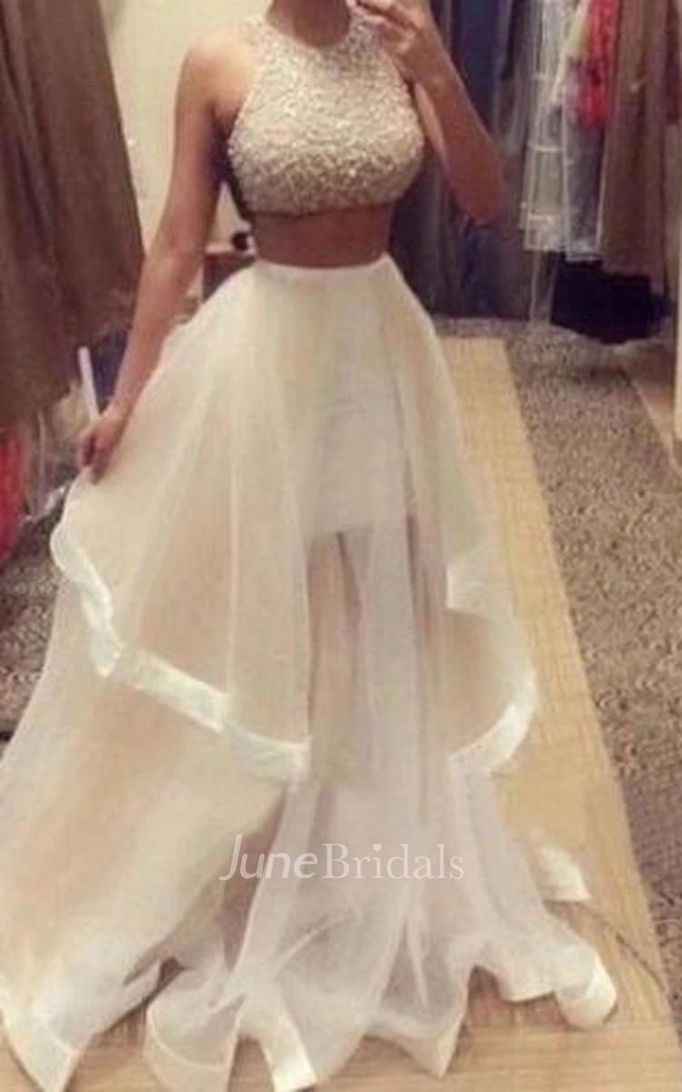 Glamorous Halter Sleeveless Prom Dress With Beadings Ruffle Two Pieces