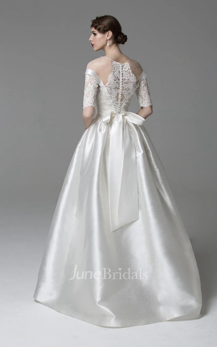 Off-Shoulder Long A-Line Satin Wedding Dress With Lace Sleeves