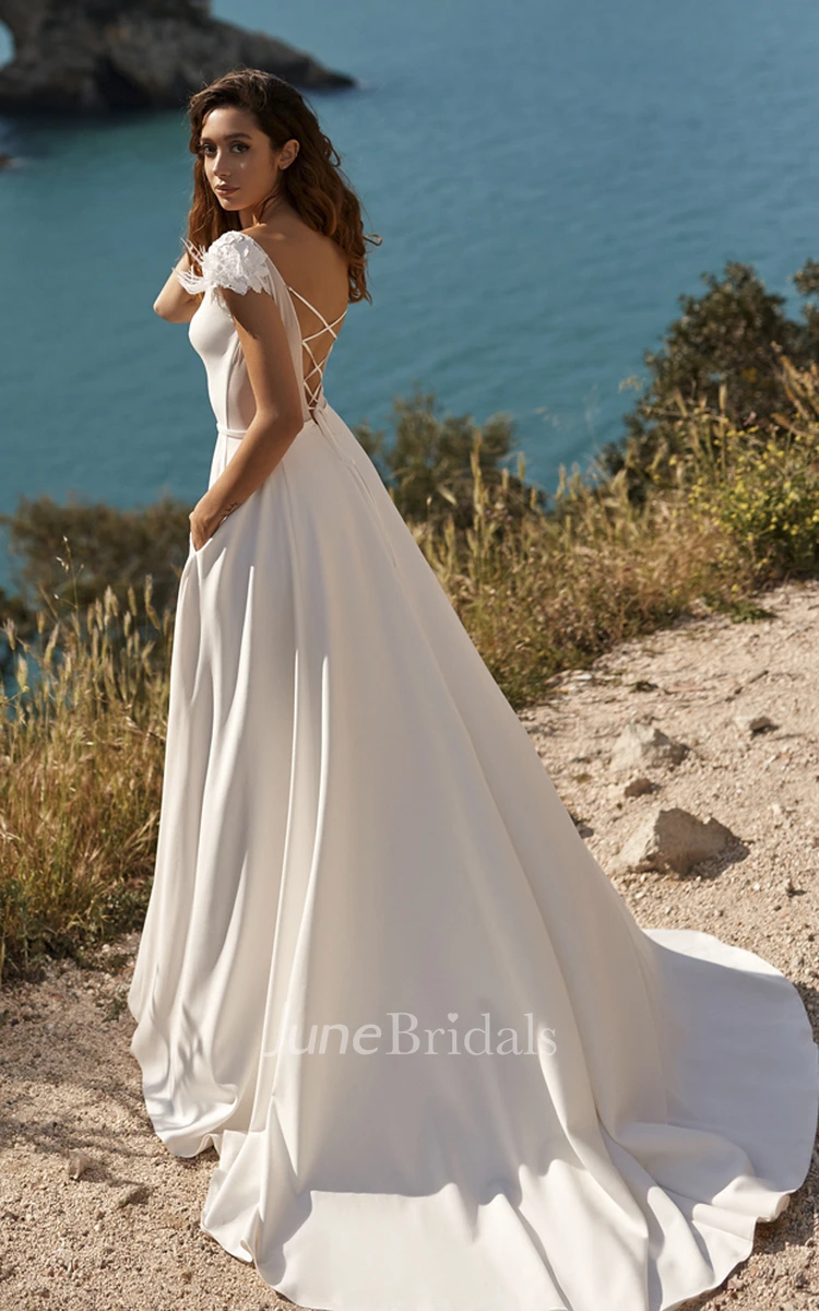 Short Sleeve Deep V-back Back Bateau Satin Wedding Dress With Flower Details And Straps