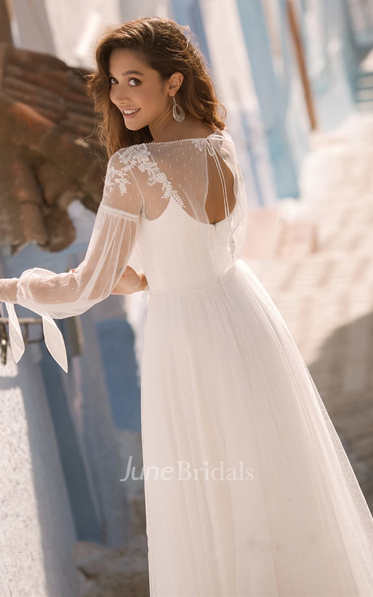 Romantic A Line Bateau Lace Sweep Train Wedding Dress with Ruching