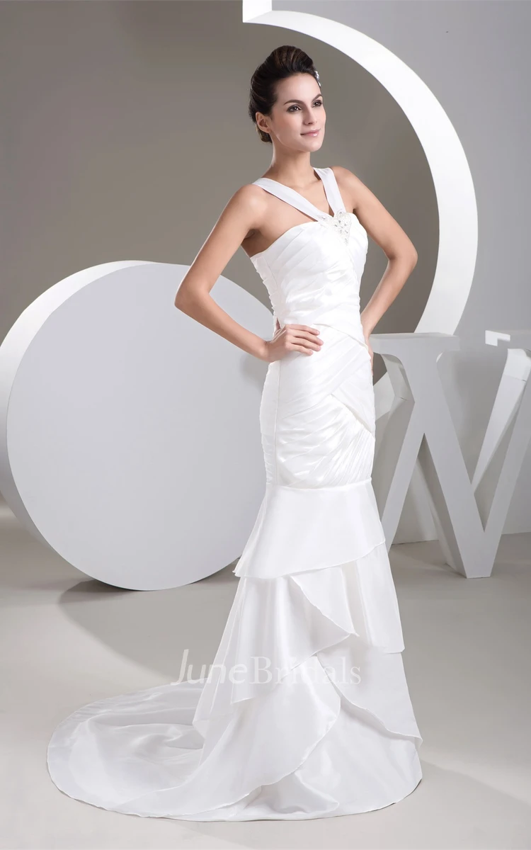 Sleeveless Column Gown with Broach and Ruched Bodice