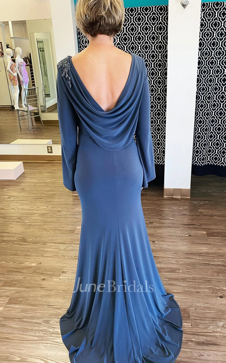 Casual Sheath Bateau Jersey Evening Dress With Long Sleeve And Open Back