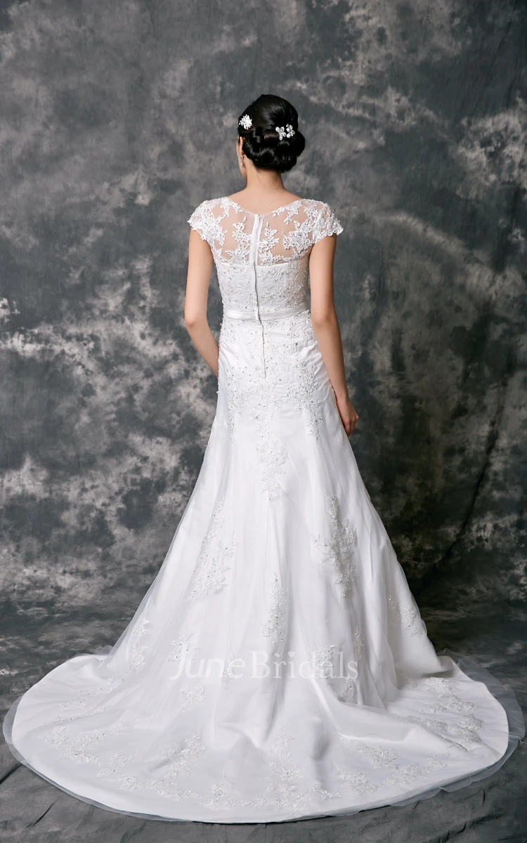 Cap Sleeve High Neck Beaded Lace Wedding Dress