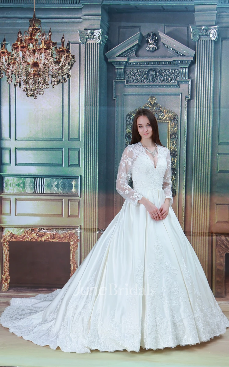 Plunged Long-Sleeve Lace Ball Gown with Beading and Illusion