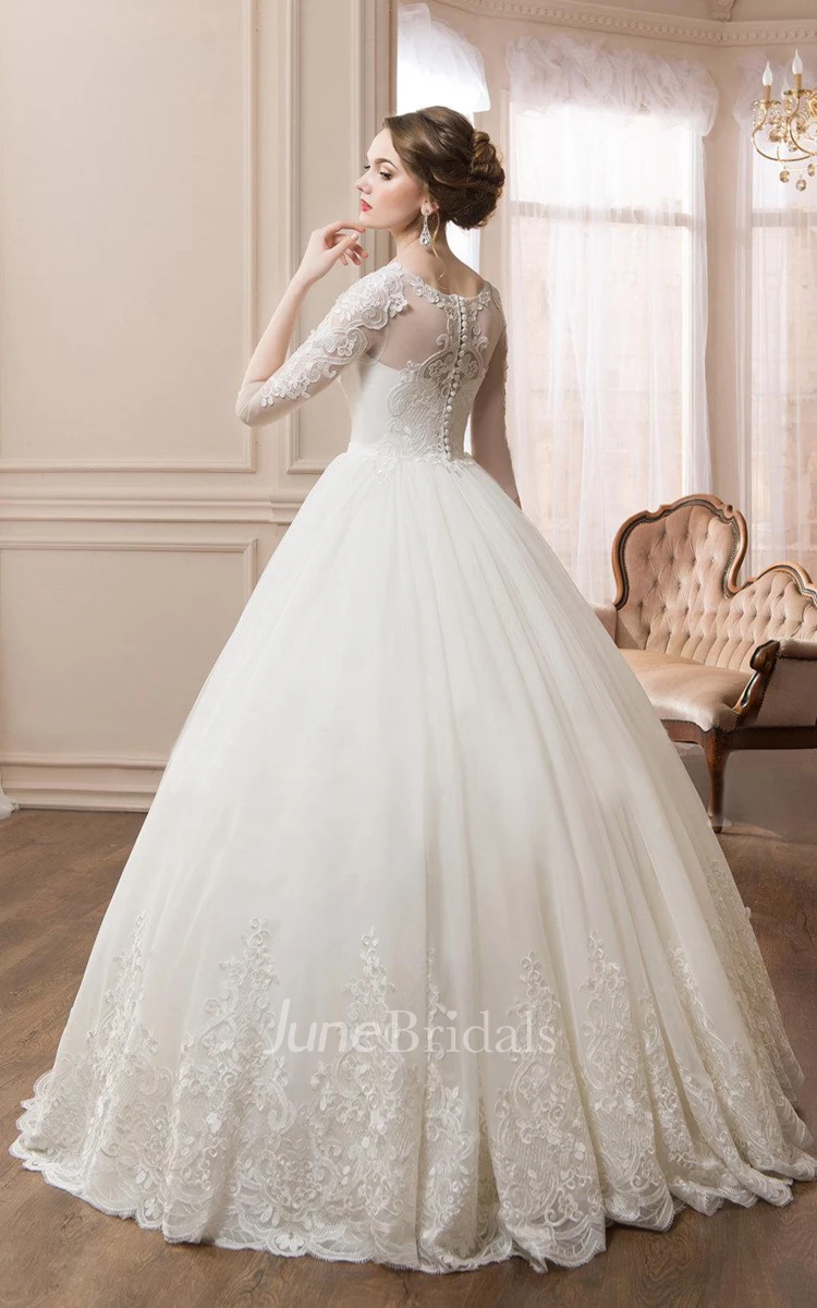 Scoop Long Sleeve Ball Gown Dress With Illusion Sleeves