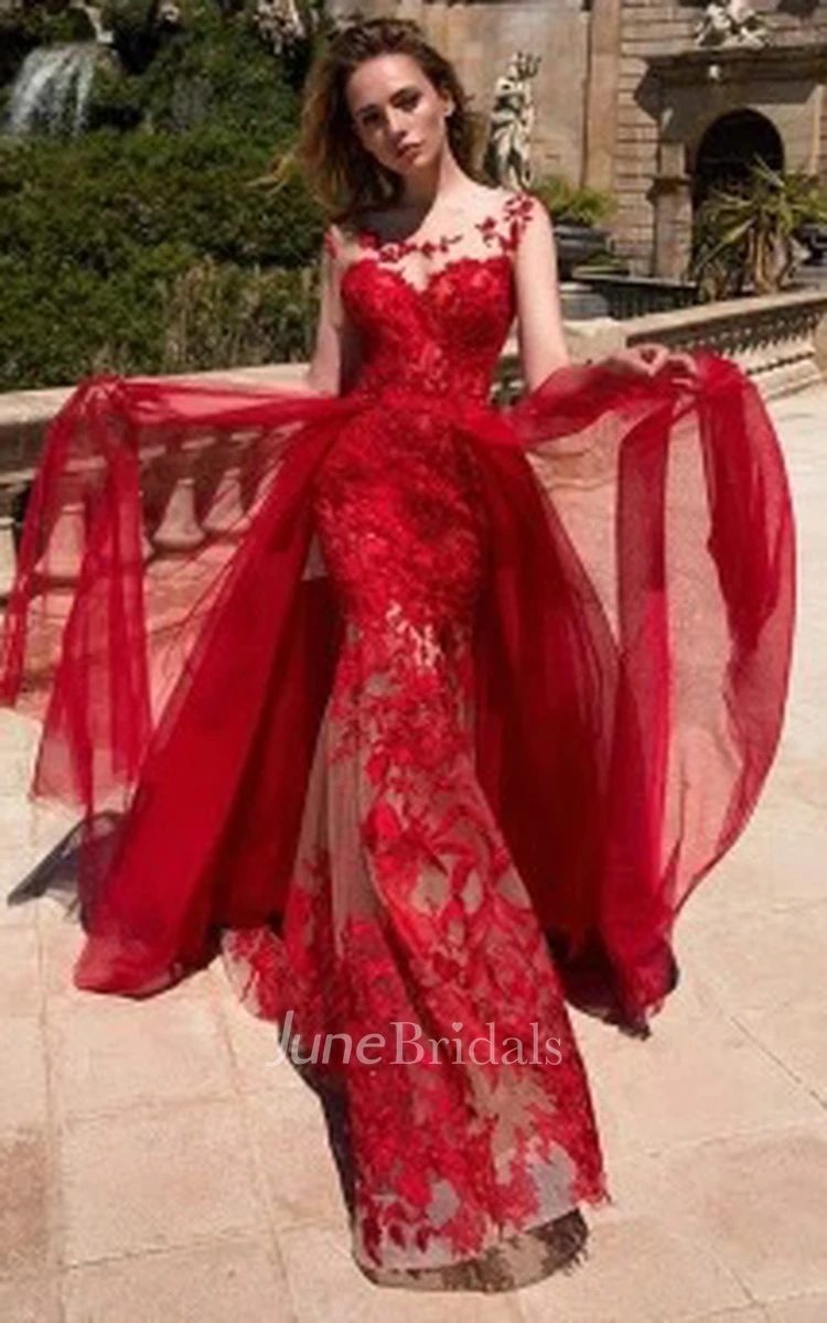 Modern Bateau Sleeveless Brush Train Tulle Trumpet Prom Dress with Removable Skirt