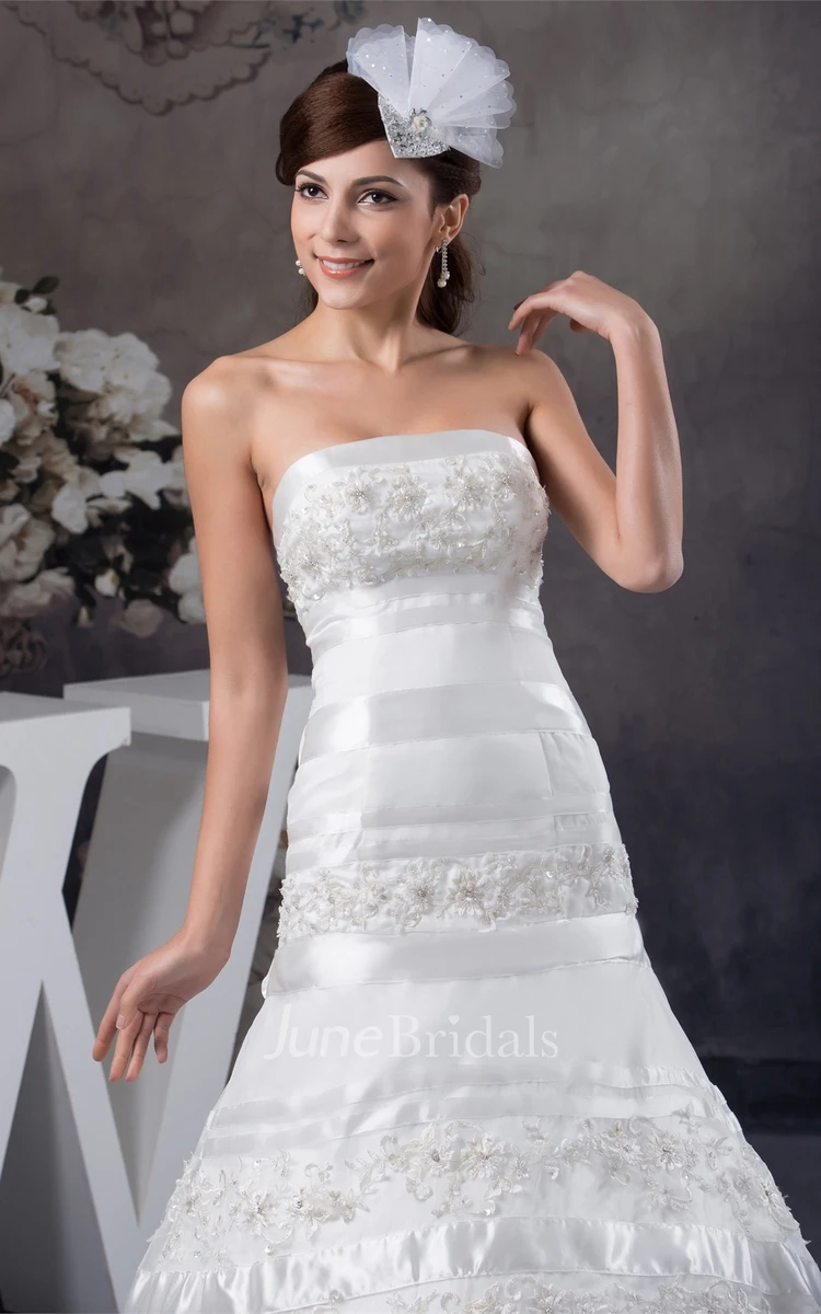 Strapless A-Line Dress with Appliques and Court Train