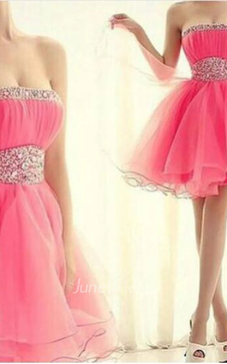 Lovely Strapless Sleeveless Organza Homecoming Dress Short With Beadings