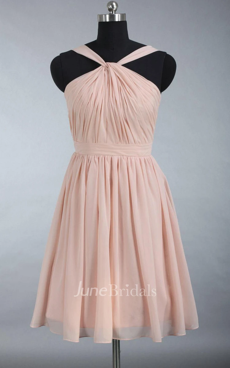 Junior Knee Length Pearl Pink Chiffon Bridesmaid Dress