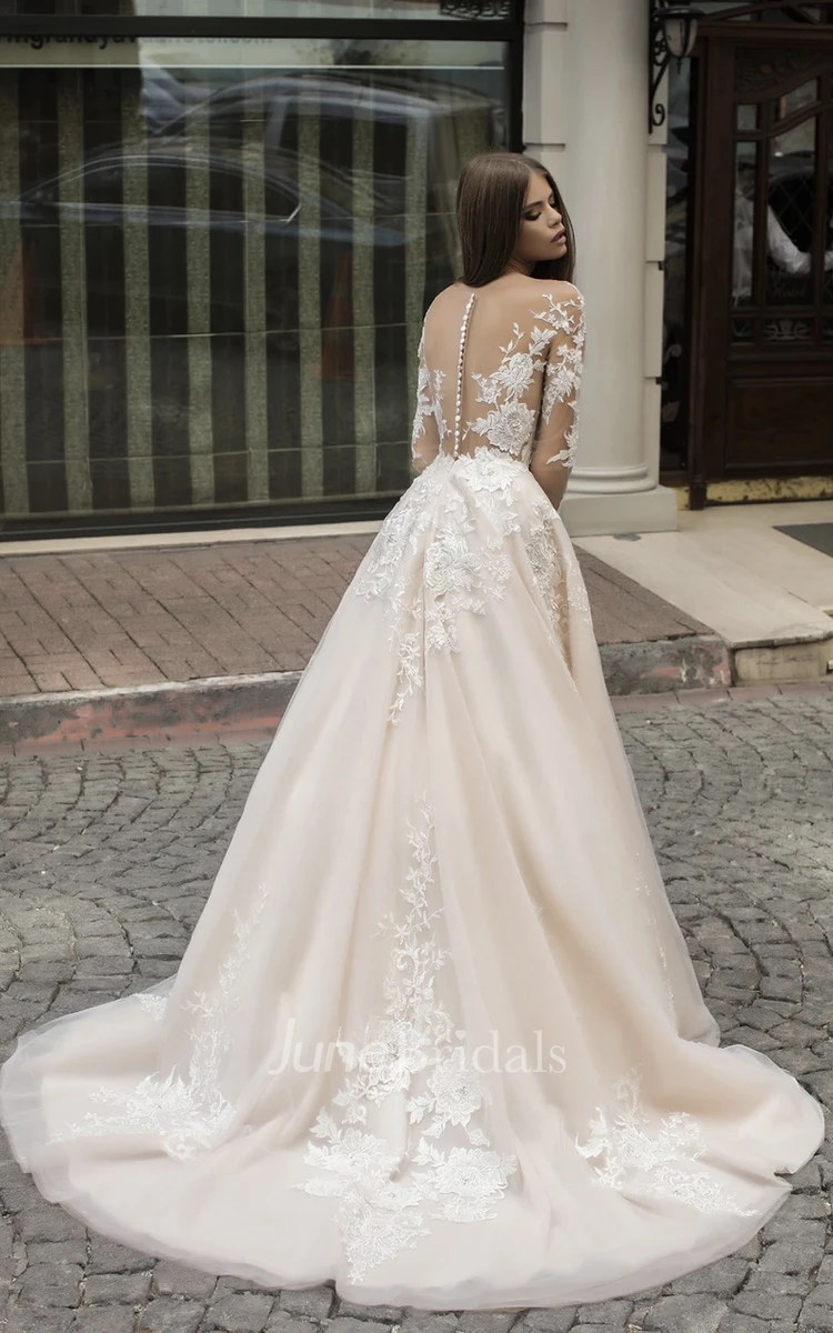 Lace A-Line V-neck Wedding Dress Simple Casual Elegant Romantic Beach Garden With Illusion Long Sleeves And Appliques