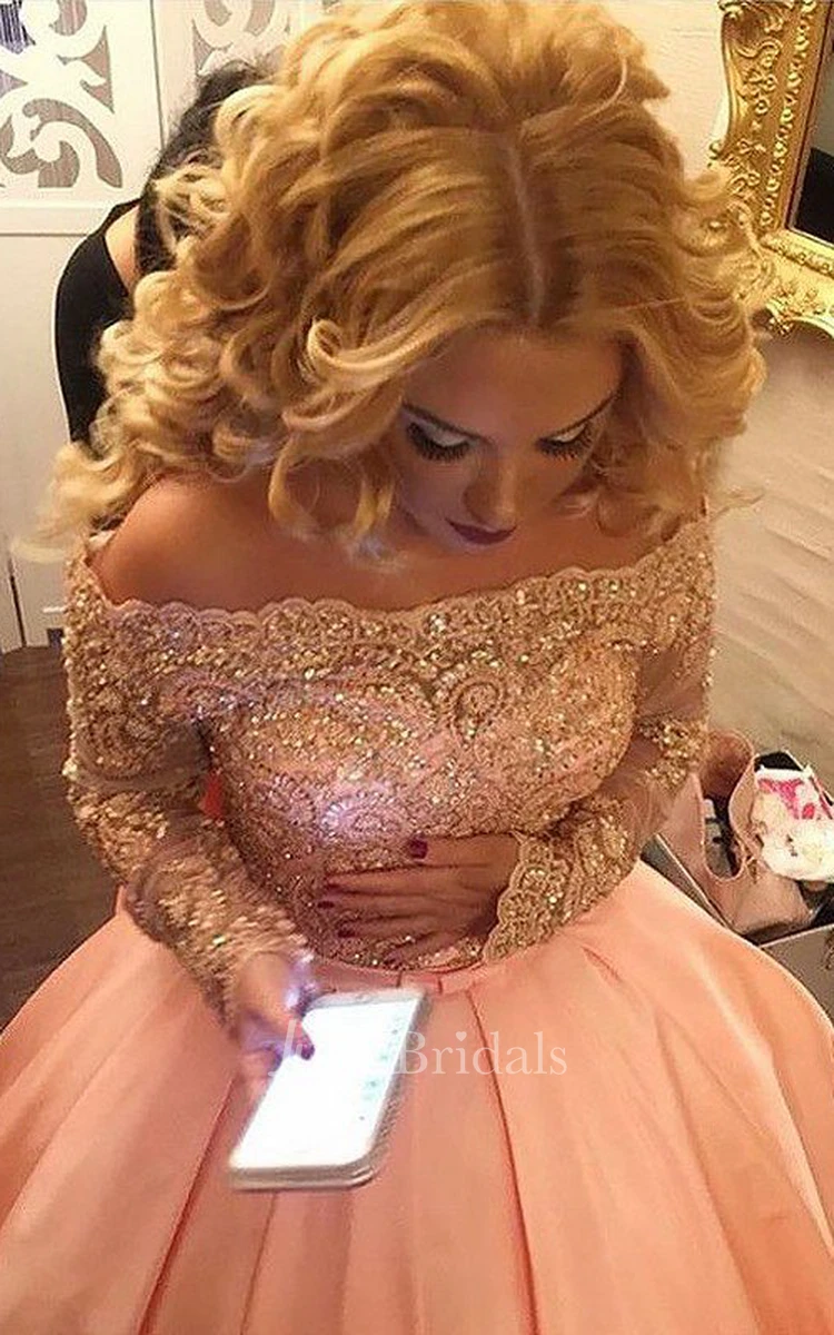 Ball Gown Long Sleeves Off-the-shoulder Beading Satin Floor Length Dress