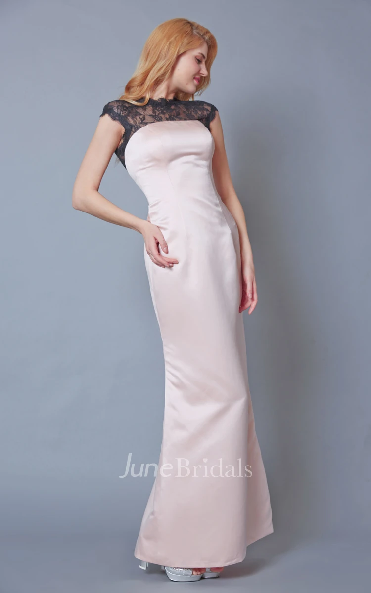 Short Sleeve Bateau Neck Long Satin Gown With Illusion Back