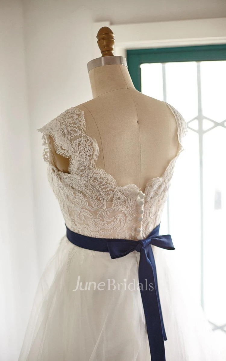 V-Neck Tulle Lace Satin Dress With Illusion Low-V Back