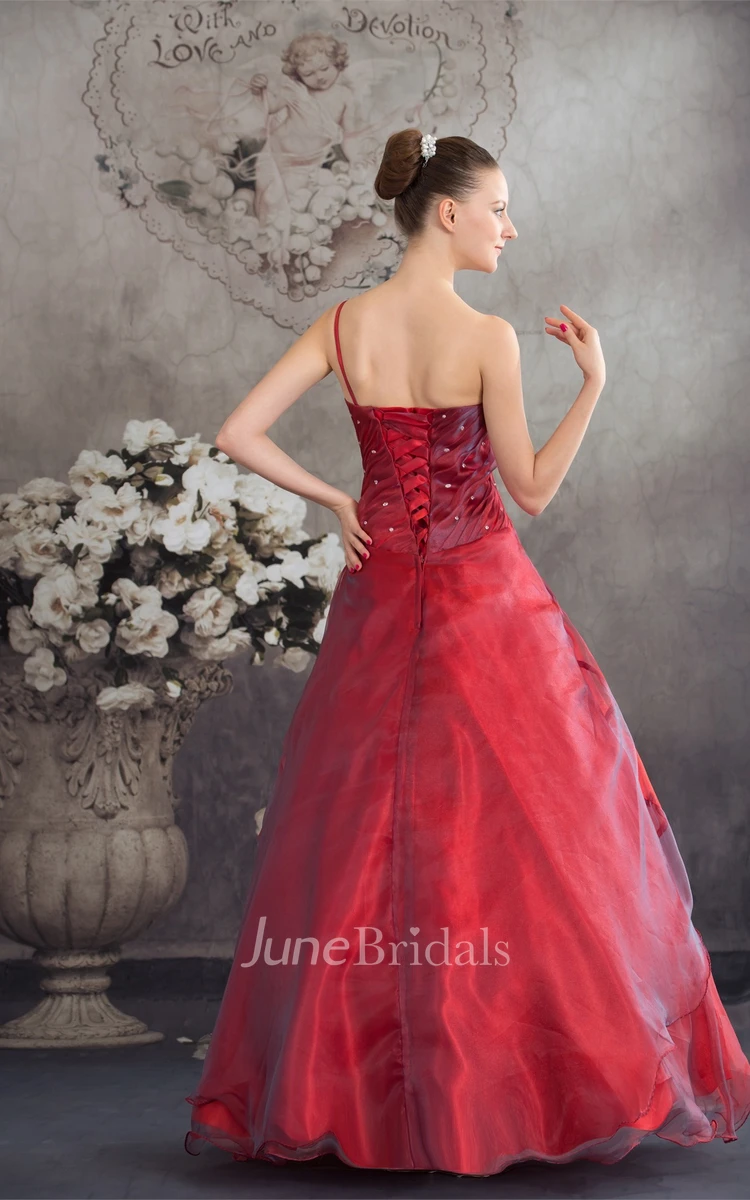 Single-Strap Sleeveless Ruched Ball Gown with Flower and Stress