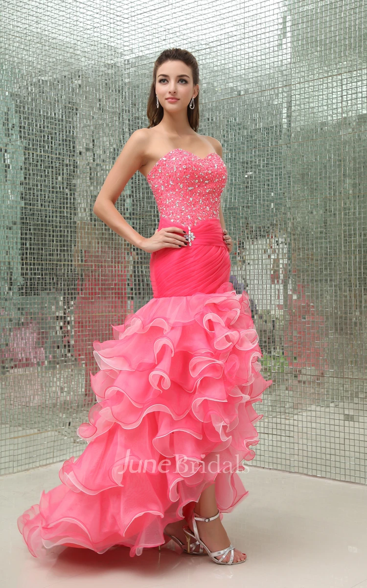 Strapless Mermaid Ruffled Dress With Beaded Top and Front Slit