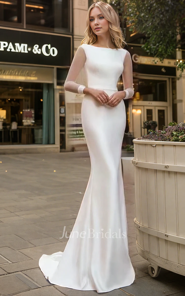 Mermaid Bateau Neck Simple Solid Floor-length Long Sleeve Wedding Dress with Corset Back Sash