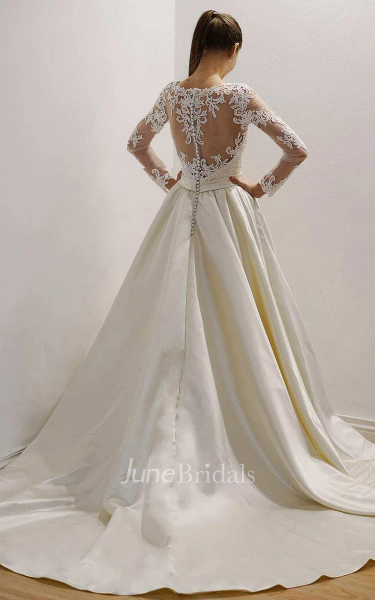 Lace  Appliques A-Line Satin Wedding Dress With Illusion And Court Train