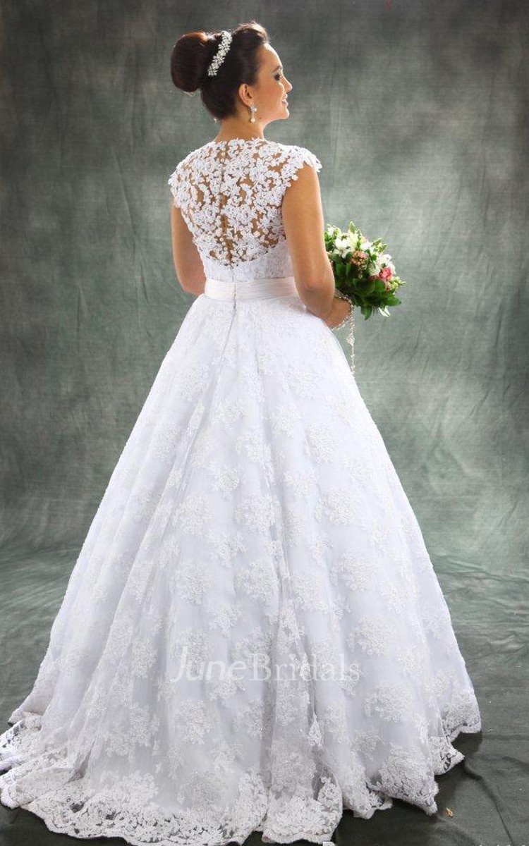 Top Vintage Long Illusion Sleeve Lace Wedding Dress with Veil & Detachable Train