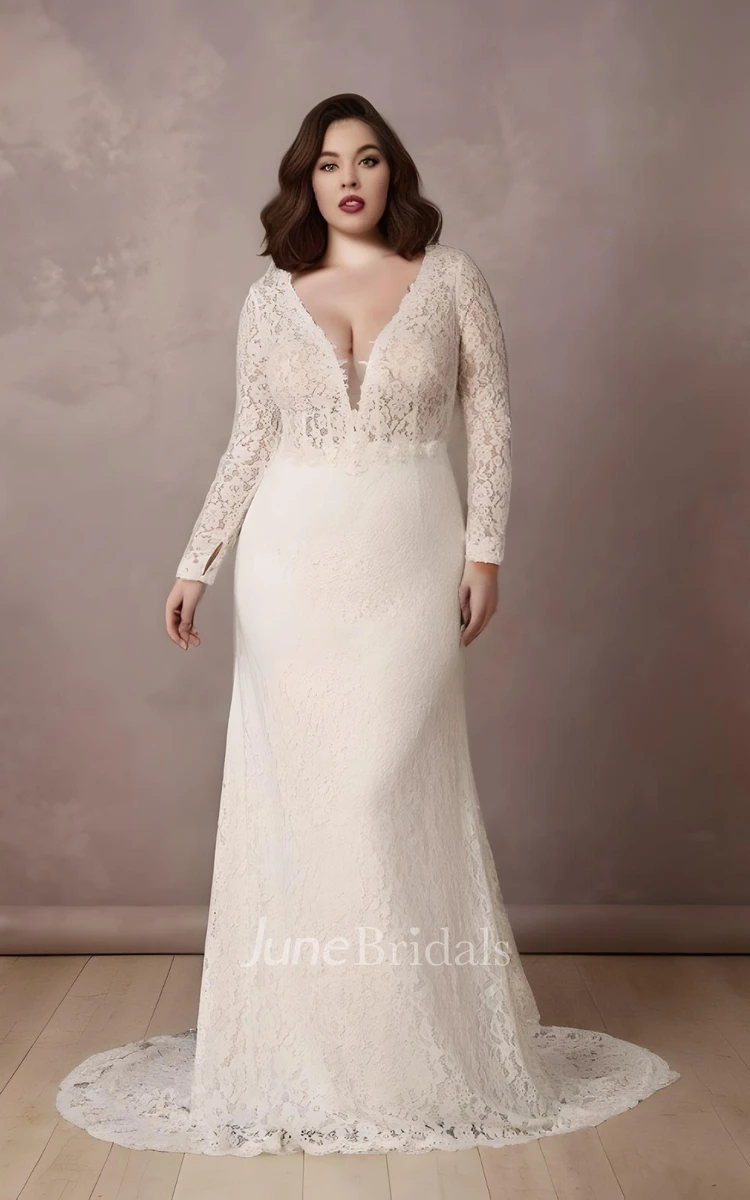 Lace Long Sleeve Plus Size Mermaid Wedding Dress 2024 Sexy Bohemian Elegant Plunging Neckline Floor-length Sweep Train