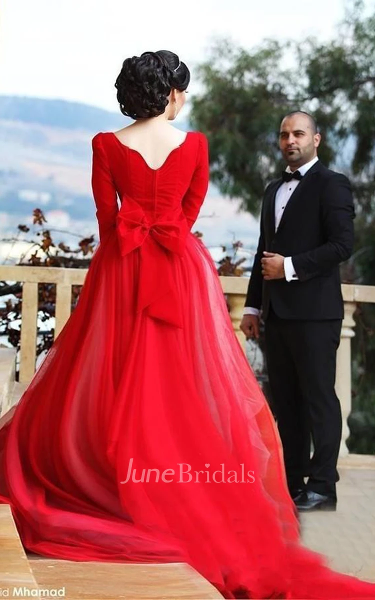 Newest Long Sleeve Tulle Red Wedding Dress Bowknot Long Train June Bridals