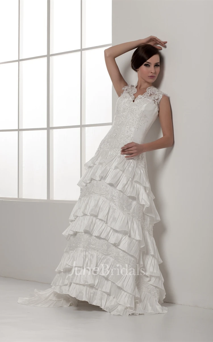 Scalloped-Neck Caped-Sleeve Lace Dress with Beading and Tiers