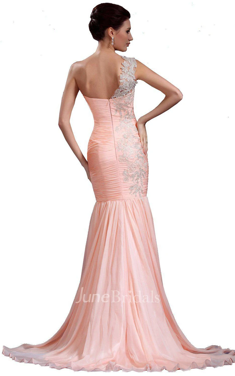 One-shoulder Trumpet Gown With Pleats and Appliques