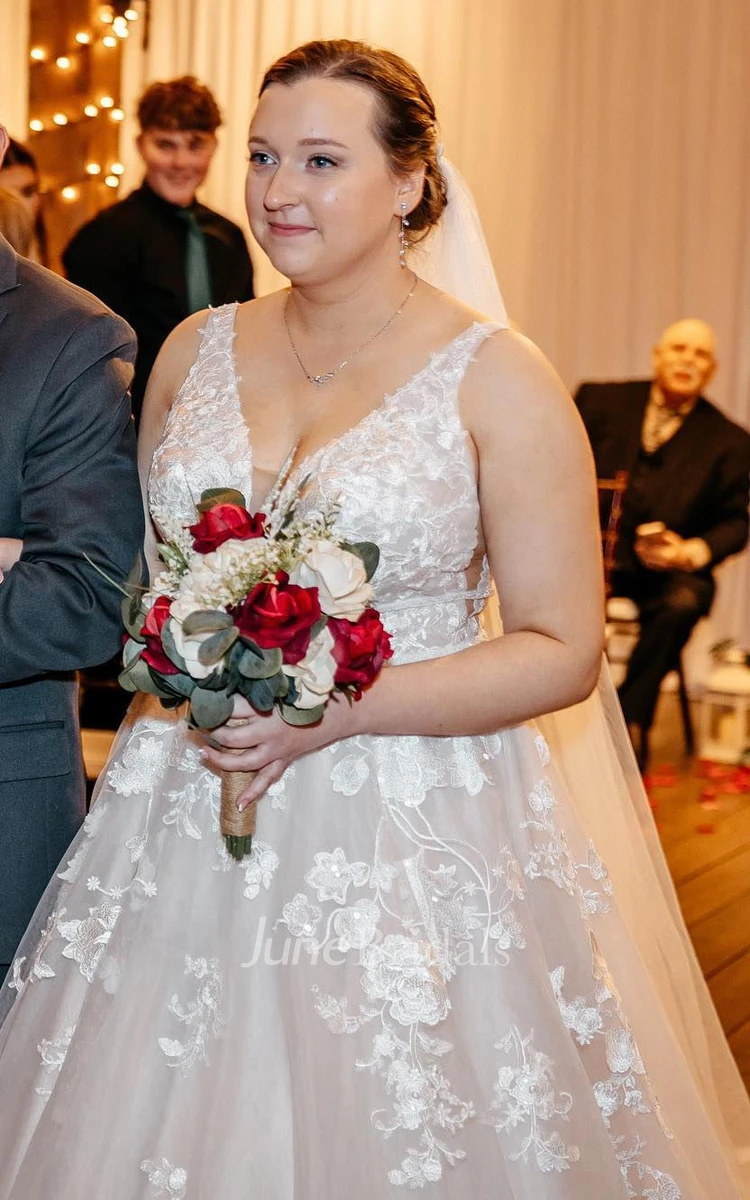 A-Line Plus Size Curvy Wedding Dress with Sexy Plunging Neckline Adorable Appliques