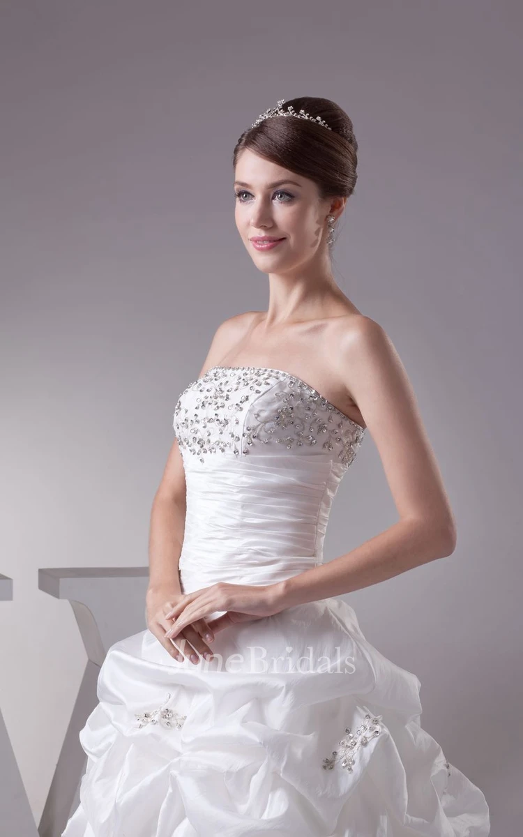 Strapless Pick-Up A-Line Gown With Pleats and Rhinestone