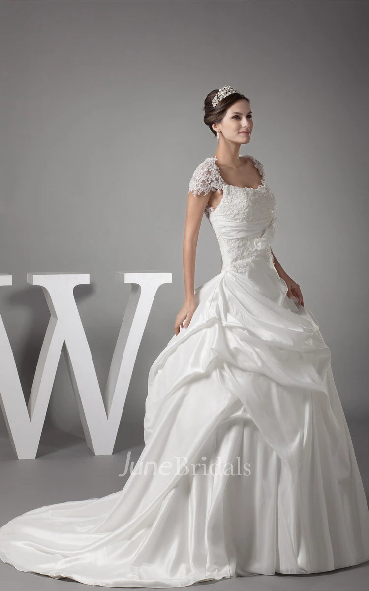 Caped-Sleeve Appliqued Pick-Up Gown with Flower and Ruching