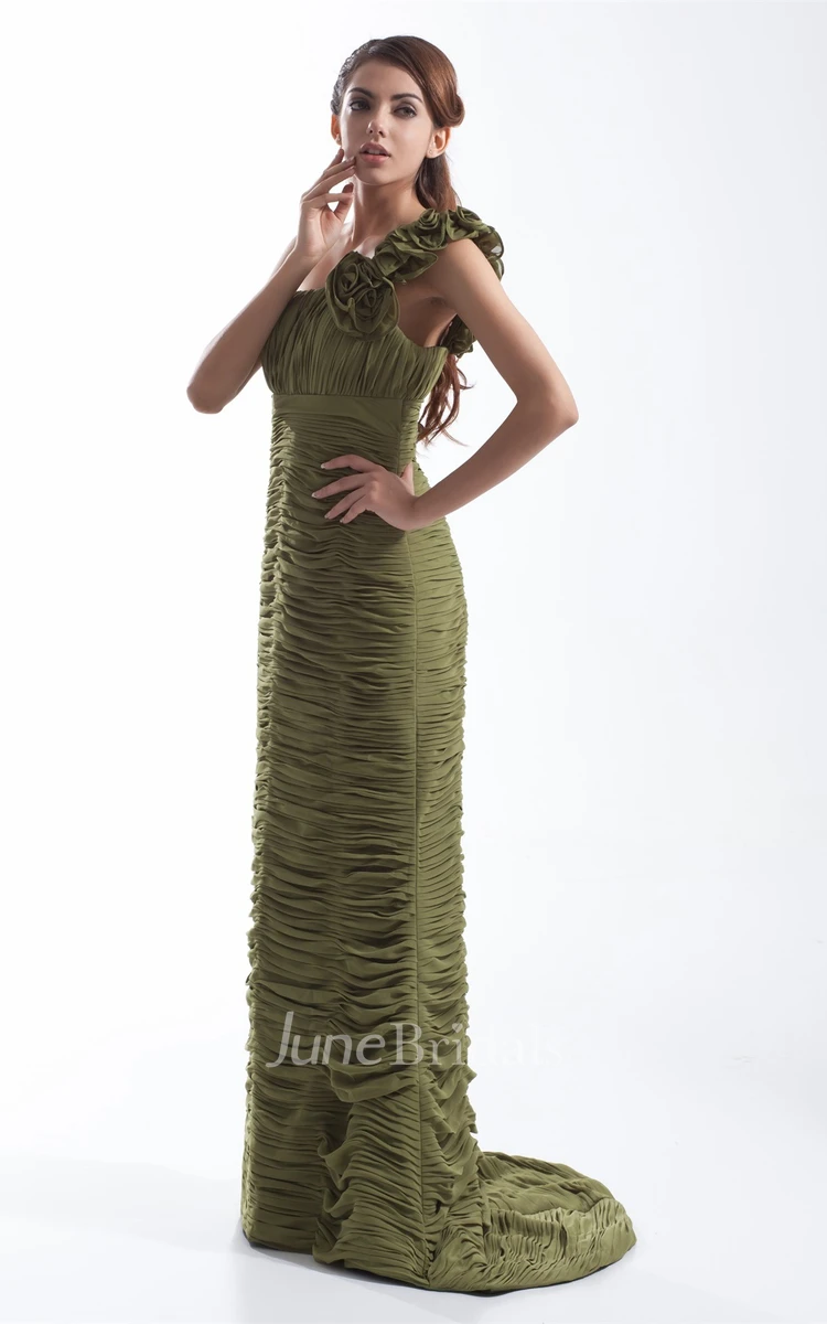 one-shoulder sheath mermaid dress with overall ruched design and flower