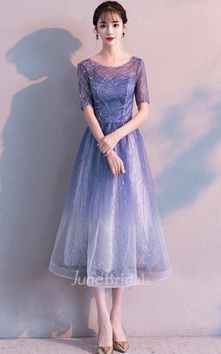 Modest Tulle Bateau A Line Prom Evening Formal Dress With Sequins