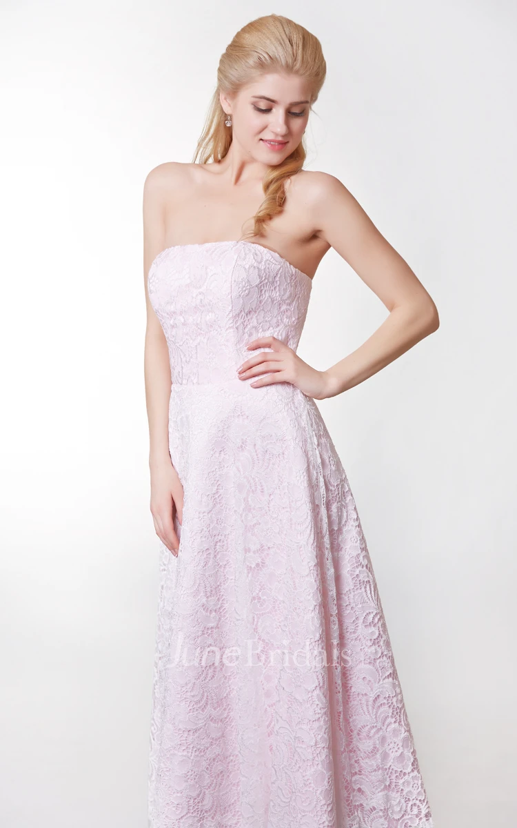 Graceful Strapless All-over A-line Lace Tea Length Dress