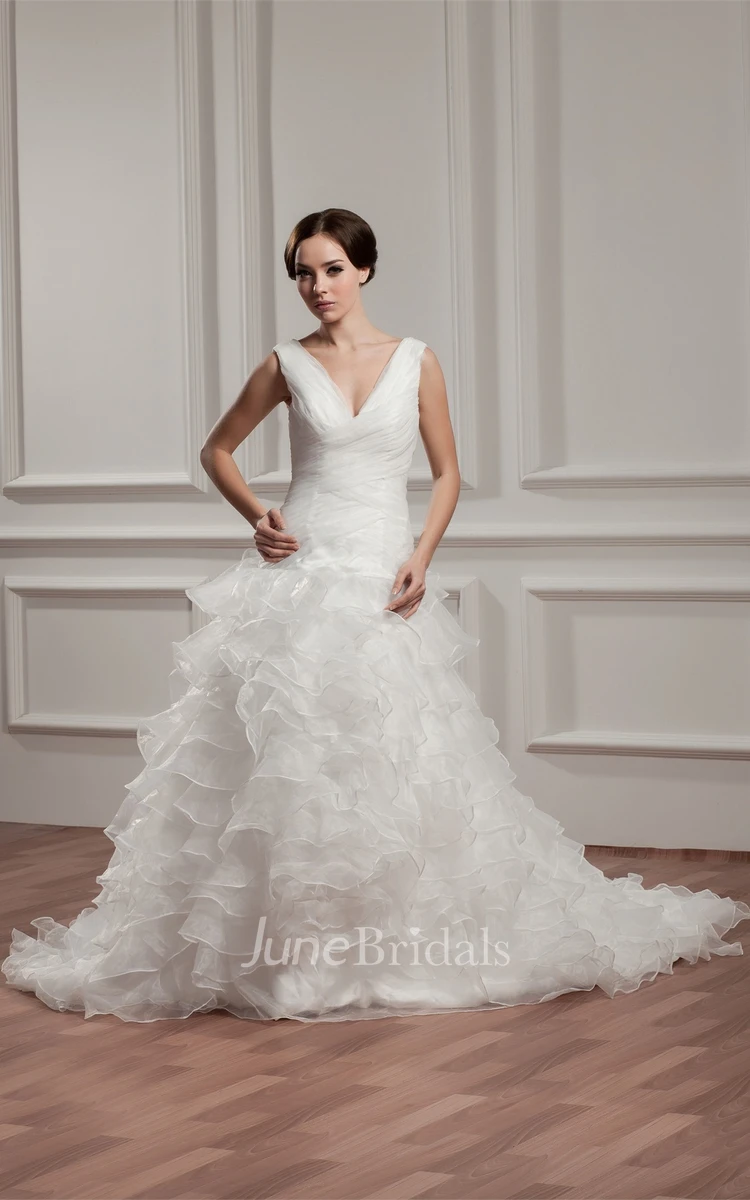 Plunged Sleeveless Ruffled Gown with Tiers and Court Train