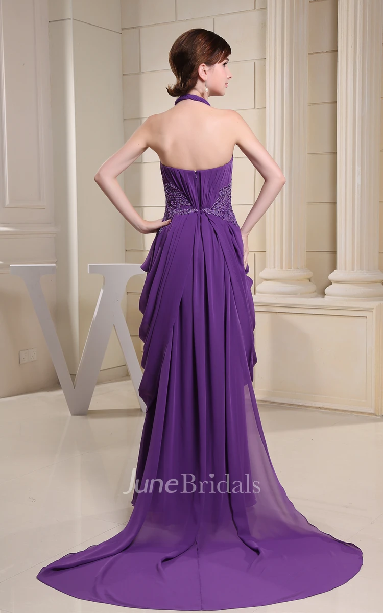 Chiffon Pleated Floor-Length Dress With Halter and Applique