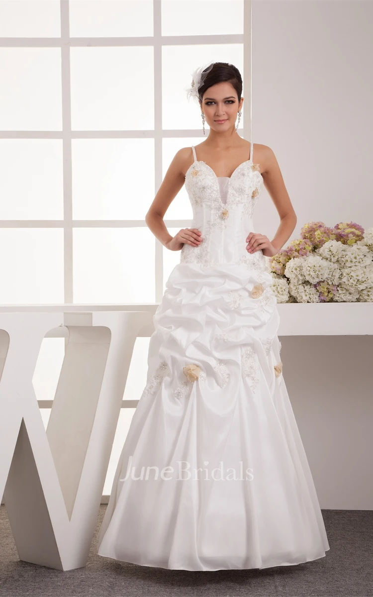 Pick-Up Floor-Length A-Line Gown with Appliques and Spaghetti-Straps
