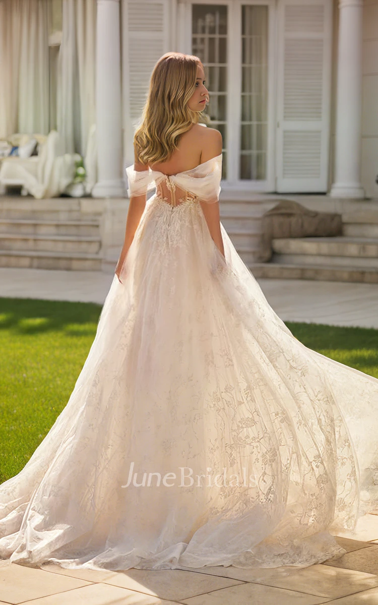 Sexy Romantic Off-the-shoulder A-Line Plunging Neckline Lace Tulle Wedding Gown Ethereal Flowers Sleeveless Floor-length Open Back Bridal Dress