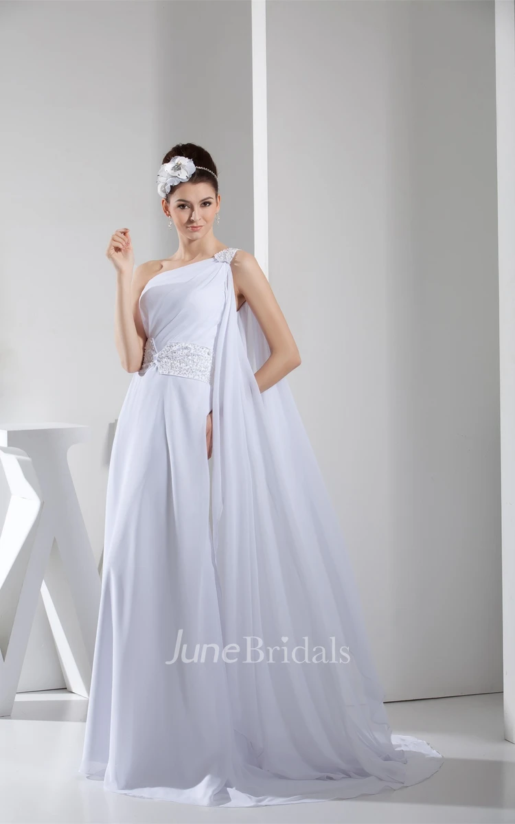 Side Draping One-Shoulder A-Line Dress with Beadings and Brush Train