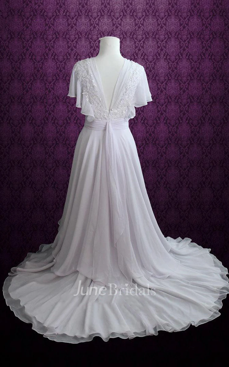 V-neck A-line Chiffon Wedding Dress With Appliques And Cascading Ruffles
